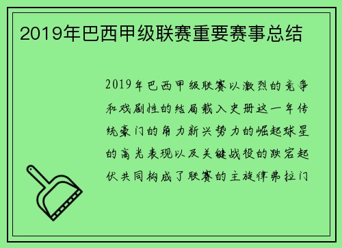 2019年巴西甲级联赛重要赛事总结